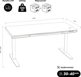 Biurko elektryczne sit-stand z szufladą i ładowarką bezprzewodową Qi czarne/orzech, 1400 mm: ELLIS