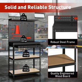 HOMCOM Stół warsztatowy 80 x 40,5 x 155 cm z panelem perforowanym, hakami, szufladą, 2 półkami do warsztatu, czarny