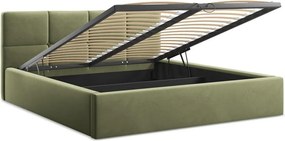Zielone aksamitne tapicerowane łóżko dwuosobowe ze schowkiem ze stelażem 140x200 cm Hiko – Makamii