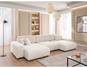 Kremowy sztruksowy rozkładany narożnik ze schowkiem (w kształcie litery U) Sarina – Ropez
