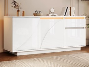 Buffet 140x40x60 cm błyszczący - 3 drzwi i 1 szuflada - z oświetleniem LED - z regulowanymi półkami - MDF - Biały