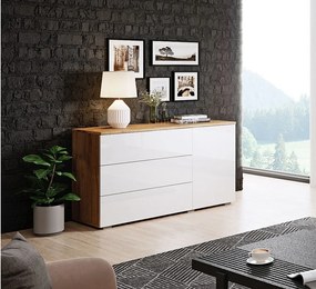 Komoda 110 cm do salonu – nowoczesna komoda z 3 szufladami i szafką, korpus wotan mat i fronty biały połysk