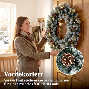 HOMCOM Wieniec świąteczny 60 cm oświetlony, wieniec drzwiowy z 50 LED, szyszki, sztuczny śnieg na Boże Narodzenie i adwent, drzwi wejściowe | Aosom PL