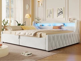 Sofa rozkładana z pojemnikiem 140 × 200 cm - z pojemnikiem i oświetleniem LED - tkanina welurowa + MDF - beżowy (materac nie w zestawie)