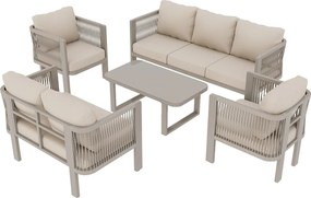 Salon Ogrodowy 7 Osób ze Stolikiem Kawowym ze Szkła - Zestaw Kanap i Foteli z Plecionego Sznurka Teslin - Stal Ocynkowana - Khaki