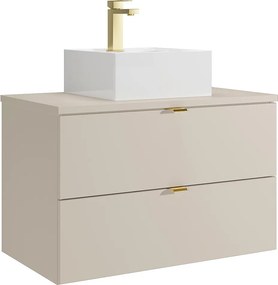 Wisząca szafka łazienkowa z nablatową umywalką kwadratową i baterią - Beżowa - 80 cm - LAVENA