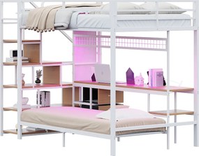 Łóżko piętrowe metalowe dla dzieci - 140 x 200 cm + 90 x 200 cm - z biurkiem + oświetlenie LED + drabinka - drewno + metal - białe