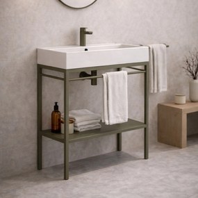 Zestaw umywalka z konglomeratu NAVI 100 x 45 cm + stojąca konsola NAVI Step | Różne kolory | Różne rozmiary : Kolor - Oliwkowy, Otwory na baterię - Bez otworów, Rozmiar - 100 x 45 cm