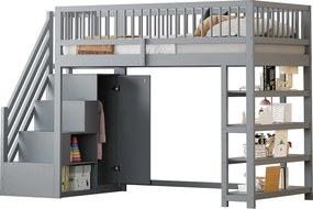 Łóżko mezzanine 90x200 cm - z półkami i drabiną do przechowywania - z litego drewna - Szare