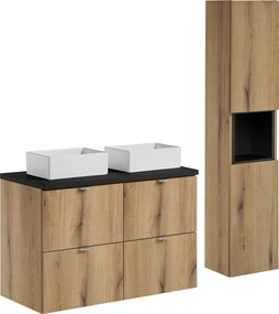 Zestaw Nova 02 dąb coast evoke/czarny mat - szafka z szufladami i umywalkami 100 cm i słupek