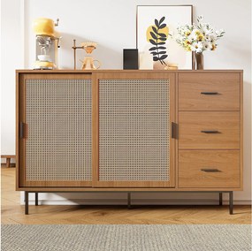 Komoda w stylu rustykalnym - 140 x 37 x 91 cm - z 2 drzwiami przesuwnymi + 3 szufladami - płyta wiórowa - naturalna