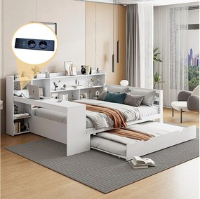 Łóżko wysuwane 140 x 200 cm + 90 x 190 cm - z biurkiem, przegródkami i portami USB - Sosna + sklejka + MDF - Białe