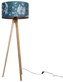 Lampa podłogowa na trójnogu, drewno vintage, abażur welurowy z motywem ryb, 50 cm - Tripod Classic klasyczny/Antyczny Oswietlenie wewnetrzne