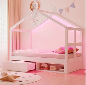 Łóżko drewniane dla dzieci - 90 x 190 cm - z szufladami + mała szafka na buty + diody LED - w kształcie domku - białe