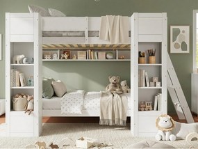 Łóżko piętrowe dziecięce 90x200 cm - z 2 biblioteczkami i półkami wiszącymi - drabinka zamontowana z lewej/prawej strony - lite drewno + MDF - Biały (bez materaca)