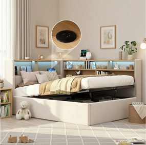 Łóżko dziecięce hydrauliczne ze schowkiem - 90 x 200 cm - sofa tapicerowana z funkcją spania i półką + LED + USB - welur - beż