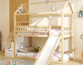 Łóżko piętrowe dla dzieci 90×200 cm - ze zjeżdżalnią - z drabiną bezpieczeństwa - z 3 szufladami - naturalne (materac nie jest zawarty