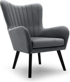 Fotel TED z tkaniny Velluto, wysoka oparcie, szerokie siedzisko, czarne nogi, pionowe przeszycia, 76x78x100 cm, szary