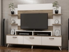 Nowoczesna szafka pod telewizor – 180 x 143 x 30 cm – Kolor biały i orzechowy – Płyta wiórowa pokryta melaminą