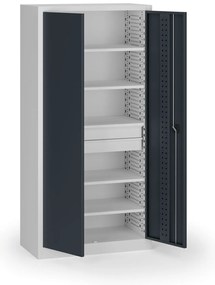 Szafa warsztatowa, 5 półek + 2 szuflady, 1950 × 950 × 500 mm, grafitowe drzwi