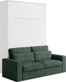 Łóżko chowane w szafie 160 x 200 cm - Ręczne otwieranie pionowe - Z LEDami - Białe + kanapa Zielona - RAPILI