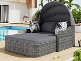 Zestaw wypoczynkowy ogrodowy z żywicy wiklinowej, 2-osobowy, łóżko ogrodowe z regulowanym baldachimem, fotel ogrodowy, 6 poduszek w zestawie, szary