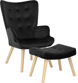 Fotel Wypoczynkowy Uszak LOZANO Z Podnóżkiem Czarny Welurowy Nowoczesny