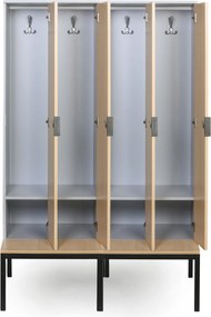 Drewniana szafa ubraniowa S4 z ławką, 4-drzwiowa, 1871 x 1200 x 500/800 mm, demontaż, zamek cylindryczny, szary/brzoza