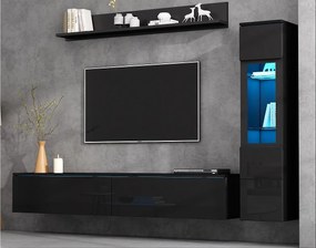 Zestaw mebli TV 3 części - Meble TV + witryna ścienna + półka ścienna - z oświetleniem LED - Czarny