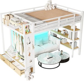 Łóżko piętrowe metalowe dla dzieci - 140 x 200 cm - z otwartą szafą + półką + oświetleniem LED + 2 szufladami - białe