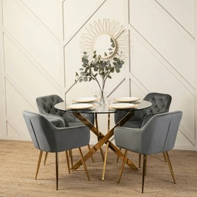 Zestaw Stół Okrągły SALLO 110 cm i 4 Krzesła Tapicerowane RAYA Szare Glamour