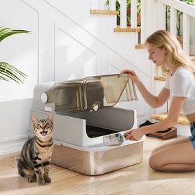 PawHut XXL Toaleta dla kotów ze stali nierdzewnej z klapą, kuweta z łopatką, dla dużych kotów do 20 kg, łatwa do czyszczenia, neutralizująca zapachy, Szara