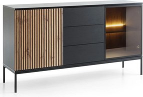 Emporius Haller komoda z szufladami - komoda 150 cm na nóżkach,  dwudrzwiowa z oświetleniem LED, szklane drzwi, lamele