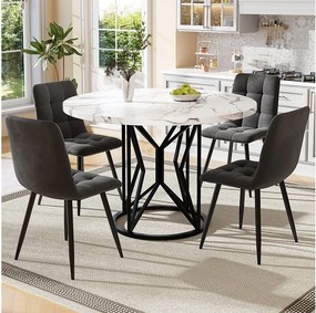 Zestaw okrągły stół jadalny + 4 krzesła welurowe - D 100 x W 76 cm - MDF i metal - Biały + szary