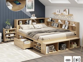 Łóżko dziecięce 140×200 cm - z 1 szufladą - z półką na książki i schowkiem - stelaż listwowy - naturalny (bez materaca)
