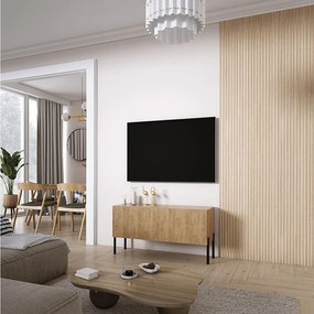 Szafka pod telewizor z ryflowanym frontem 100, Dąb Craft, nóżki proste czarne, 100 × 32 × 52 cm