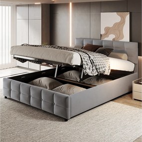 Łóżko 180x200 cm z pojemnikiem - Łóżko dla dorosłych z dnem i oparciem - szary aksamit - bez materaca