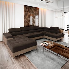 Masseno Narożnik CASONE z funkcją spania i pojemnikiem na pościel Narozniki U, Rozkładana sofa - Brązowy, MONOLITH 29