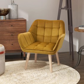 HOMCOM Fotel tapicerowany, Fotel akcentowy, Design skandynawski, Wygląd aksamitny, Do 120 kg, Nogi z drewna kauczukowego, Żółty
