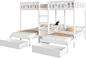 Łóżko piętrowe dziecięce 3-osobowe - 140 x 200 cm + 90 x 200 cm - z 2 szufladami + półki - drewno - białe