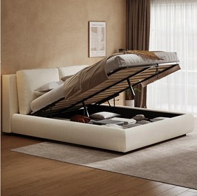 Łóżko podwójne z pojemnikiem - 180 x 200 cm - z wyściełanym zagłówkiem + regulacja hydrauliczna - klamra - beżowe