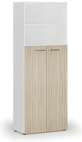 Szafa biurowa kombinowana PRIMA WHITE, drzwi na 4 poziomach, 800 x 420 x 2128 mm, biały/dąb naturalny