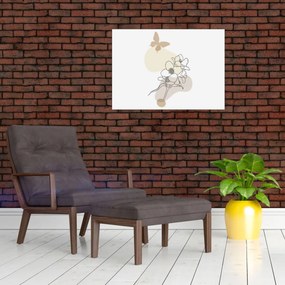 Obraz na szkle - Beżowe kwiaty z motylem N⁰3 (70x50 cm)