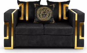 Sofa Magnelio 2-osobowa czarna welurowa z złotymi detalami – styl glamour