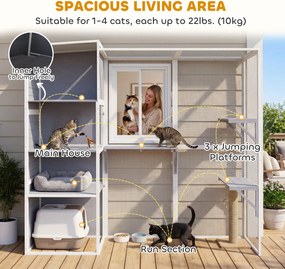 PawHut Klatka dla kotów na zewnątrz Domek dla kotów z drewna z 3 platformami, odpornym na warunki atmosferyczne dachem i miejscem do odpoczynku dla 3-4 kotów do 10 kg, Szary | Aosom PL