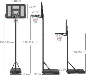 SPORTNOW Kosz Koszykówka Regulowany Stojak Czarny 90x60x370cm Stabilny do Gry w Kosza | Aosom PL