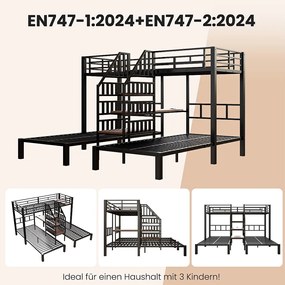 Łóżko piętrowe dla 3 osób - 3 x 90 x 200 cm - z diodami LED + 2 porty USB + gniazdko elektryczne + biurko + drabinka - metalowe - czarne