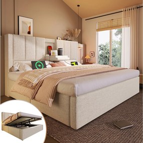 Łóżko tapicerowane dwuosobowe ze schowkiem - 160 x 200 cm - z ukrytym uchwytem na kubek i stacją ładującą - len - beż
