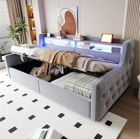 Sofa tapicerowana z funkcją spania i hydraulicznym schowkiem - 90 x 200 cm - z oświetleniem LED + schowkiem + gniazdkiem - welur - jasnoszary