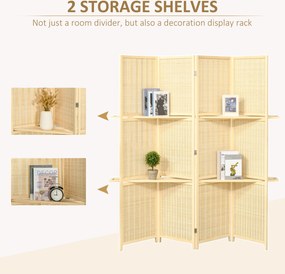 HOMCOM Parawan, przegroda z bambusa, 2 półki, składana, podkładki na nóżki, naturalny